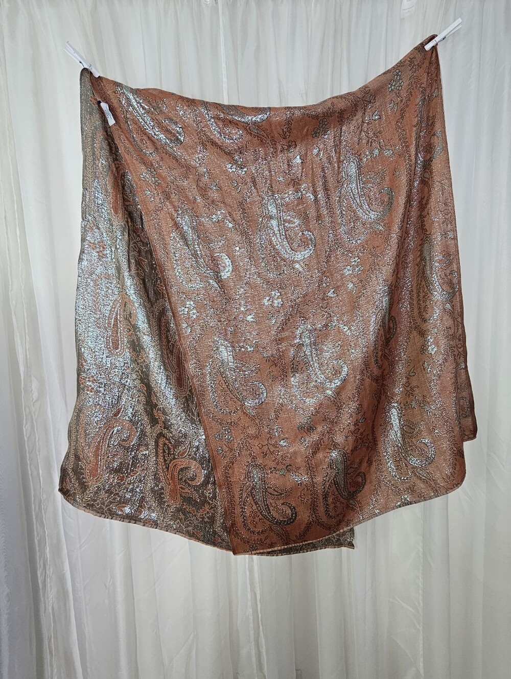 Bajra 100% Merino Wool Paisley Scarf Shawl Wrap Nepal Coppery Pink Silver Luxury
